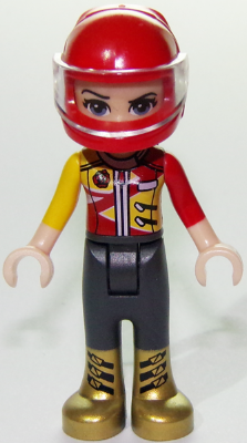 Vicky, Trousers with Metallic Gold Boots, Red and Yellow Racing Jacket, Helmet